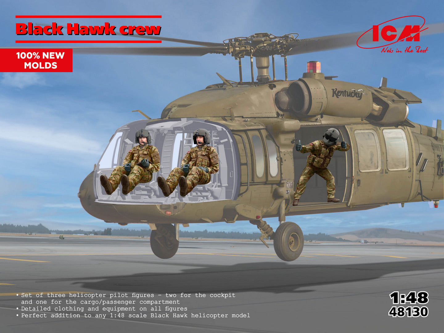 Portada de la caja del set de figuras de tripulación de helicóptero Black Hawk en escala 1:48 de ICM referencia 48130