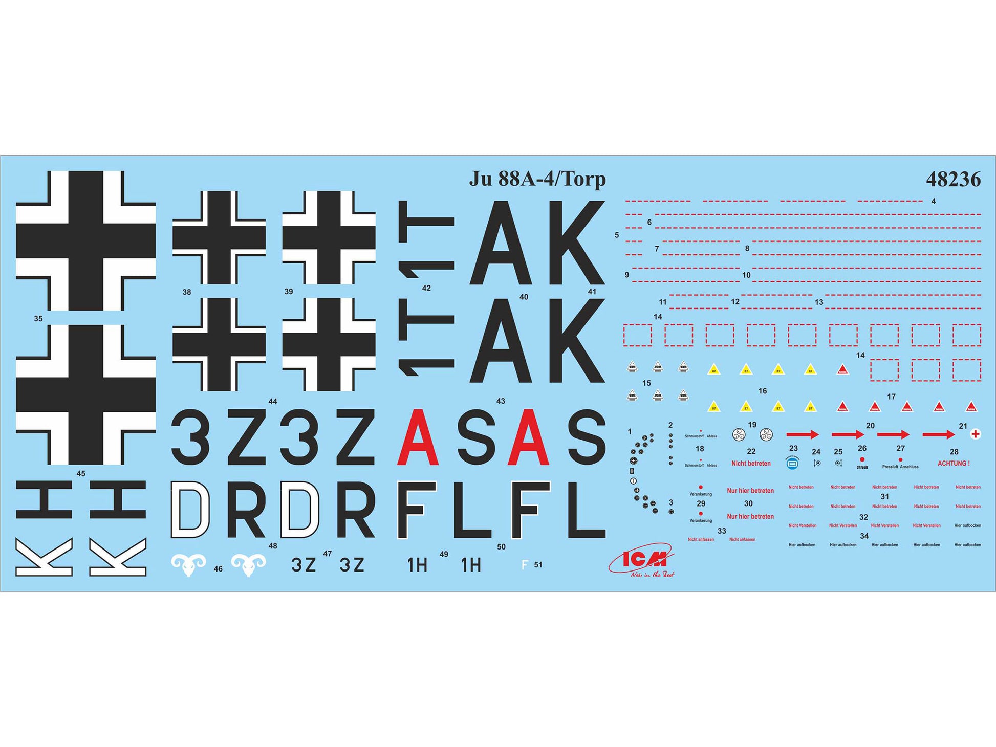 Calcas de la maqueta del bombardero alemán Junkers Ju-88 A4 Torpedero en escala 1:48 de ICM referencia 48236