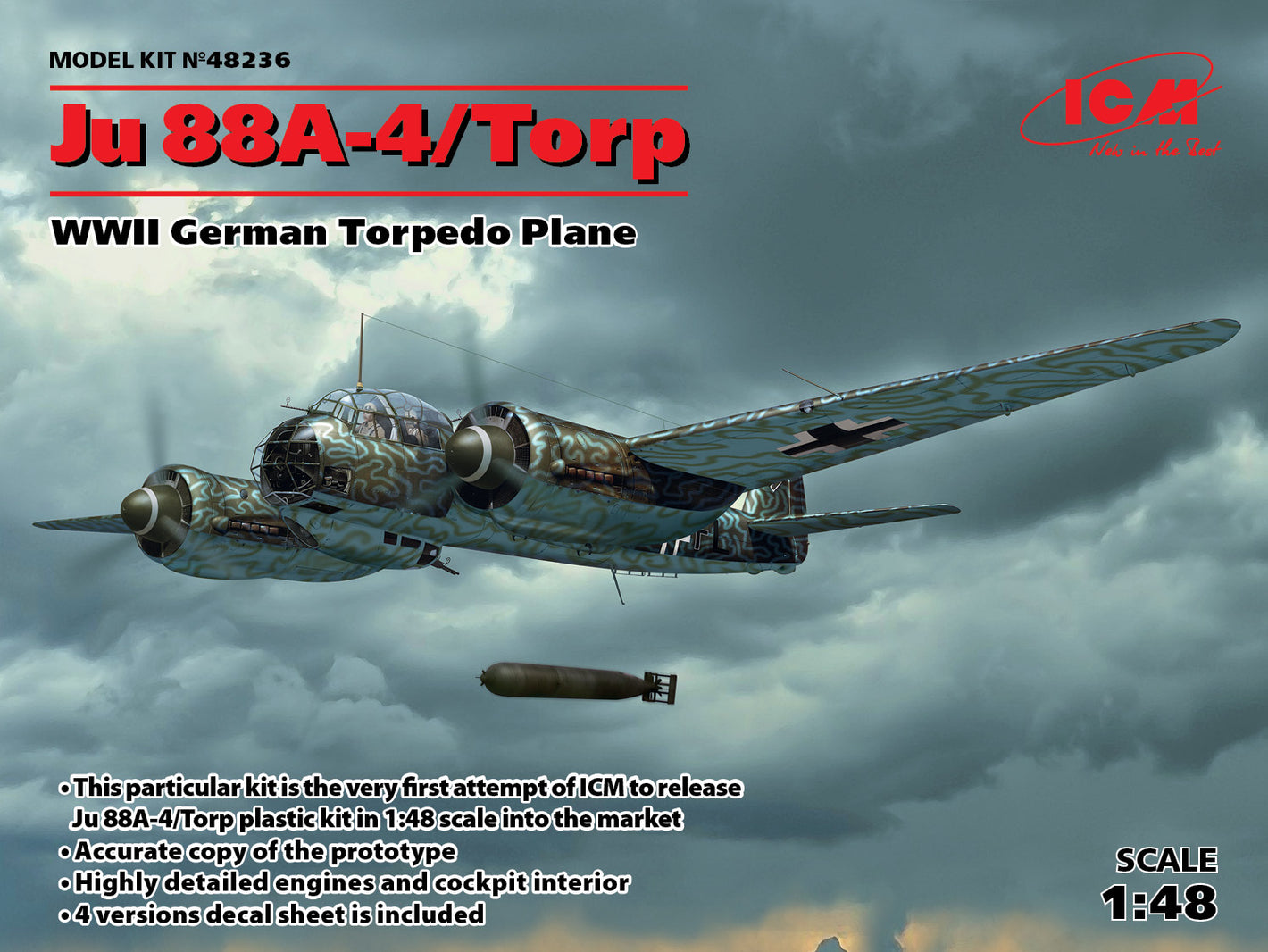 Portada de la caja de la maqueta del bombardero alemán Junkers Ju-88 A4 Torpedero en escala 1:48 de ICM referencia 48236
