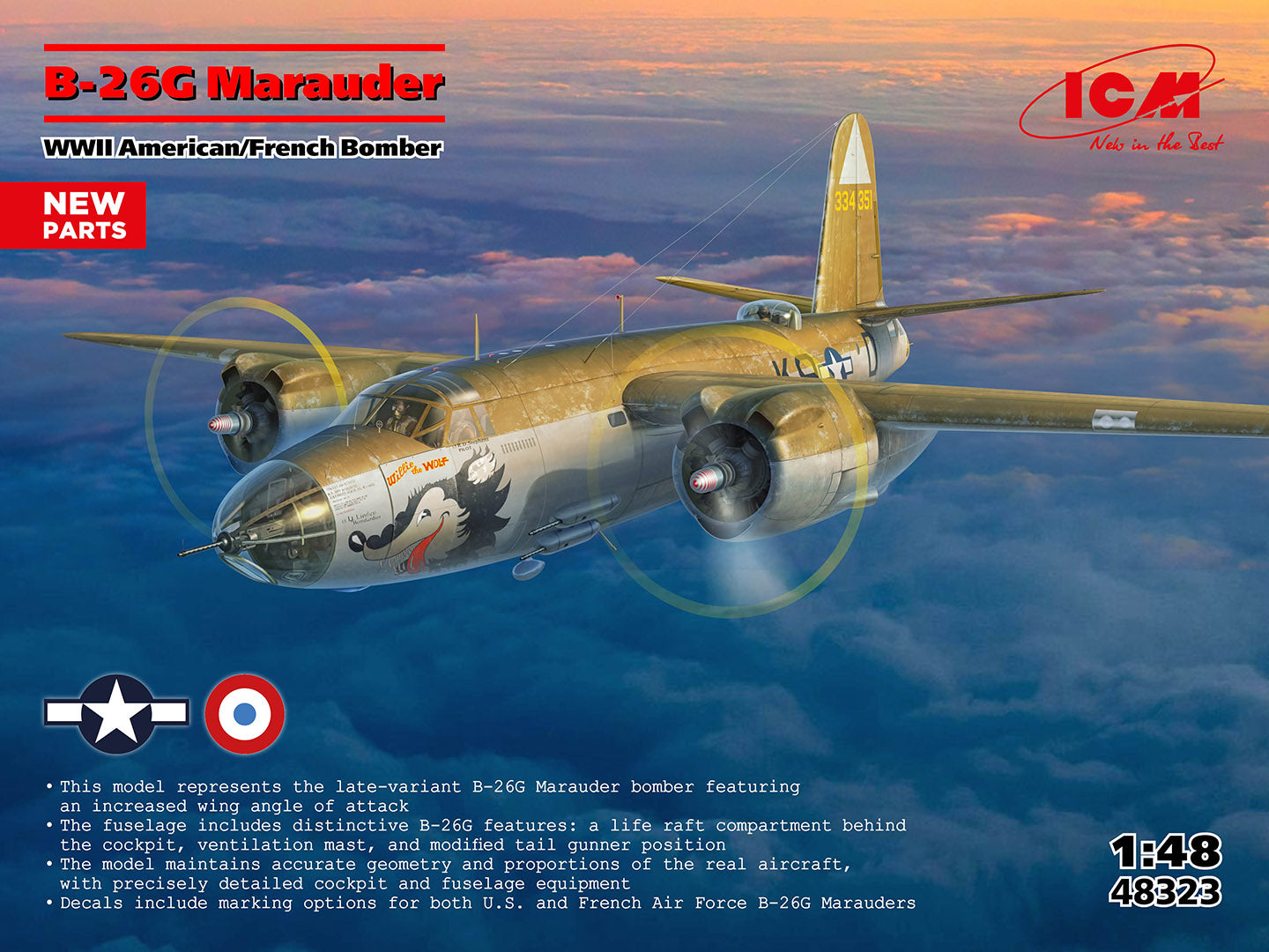 Portada de la caja de la maqueta del bombardero B-26G en escala 1:48 de ICM referencia 48323
