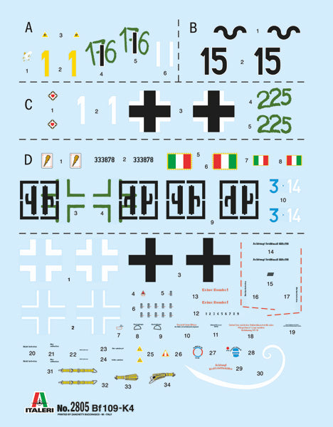 Calcas de la maqueta del caza alemán Bf-109 K-4 en escala 1:48 de Italeri referencia 2805
