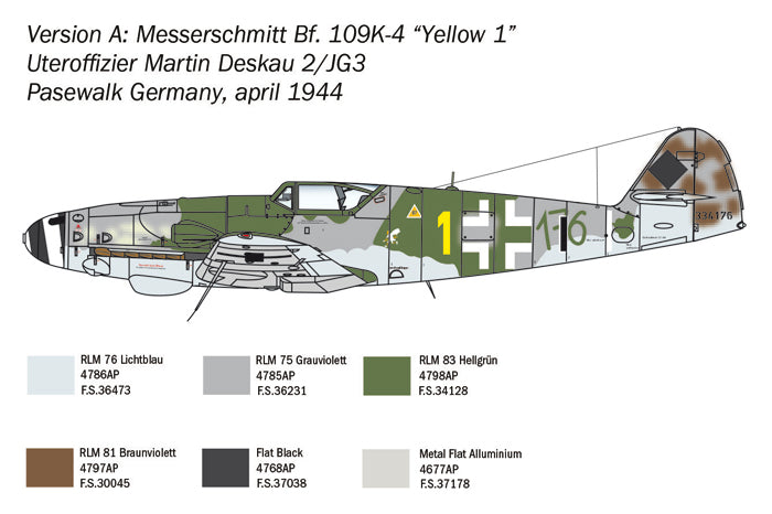 Decoración 1 de la maqueta del caza alemán Bf-109 K-4 en escala 1:48 de Italeri referencia 2805