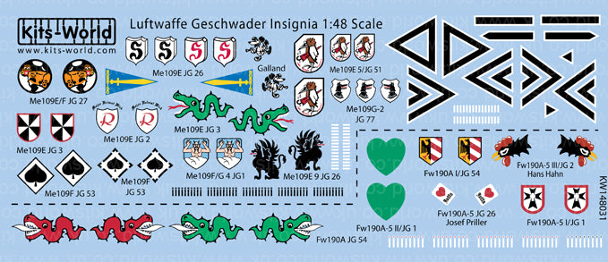 Set de calcas para cazas alemanes de la Luftwaffe durante la 2ª Guerra Mundial en escala 1:48 de Kits World referencia 148031
