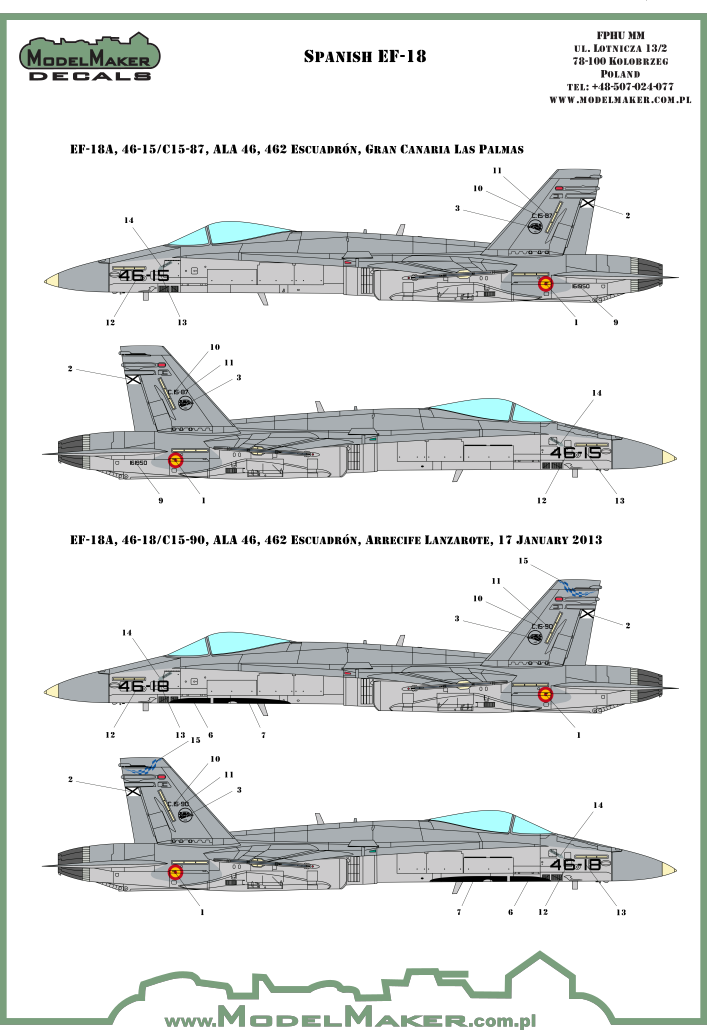 Decoraciones 2 del set de calcas para maquetas en escala 1:48 del caza español F/A-18 del fabricante ModelMaker Decals referencia D48089