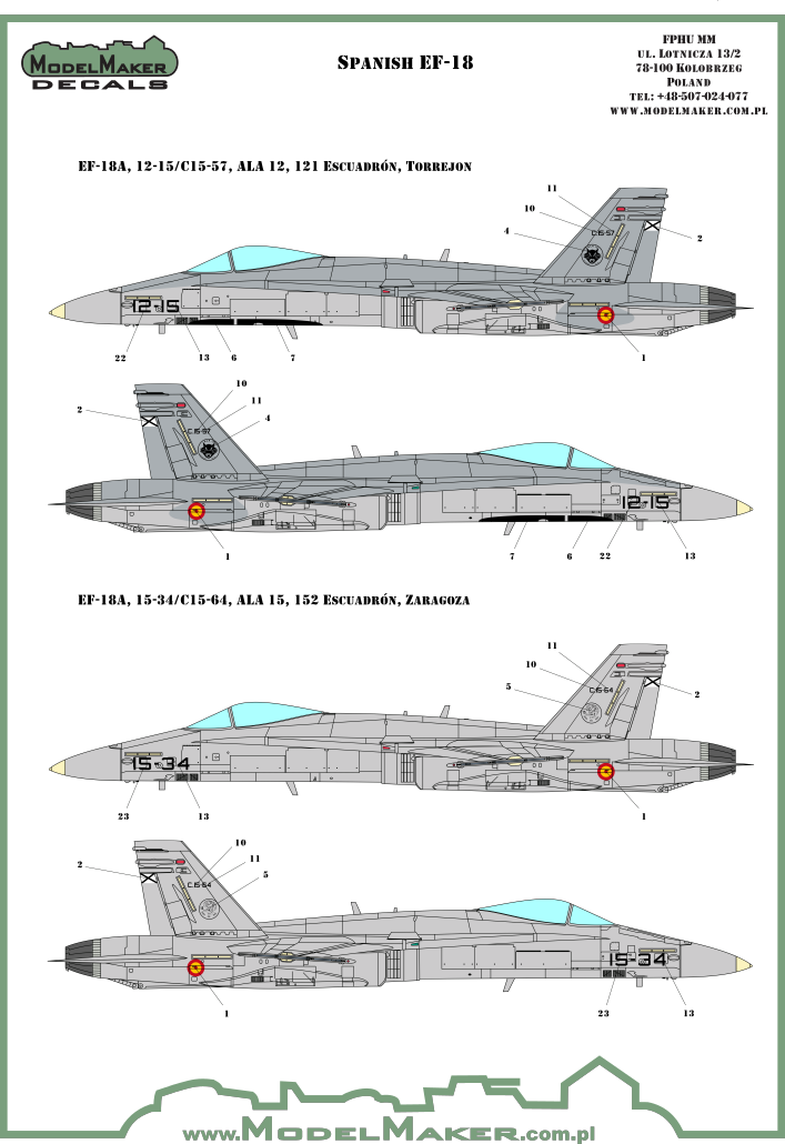 Decoraciones 4 del set de calcas para maquetas en escala 1:48 del caza español F/A-18 del fabricante ModelMaker Decals referencia D48089