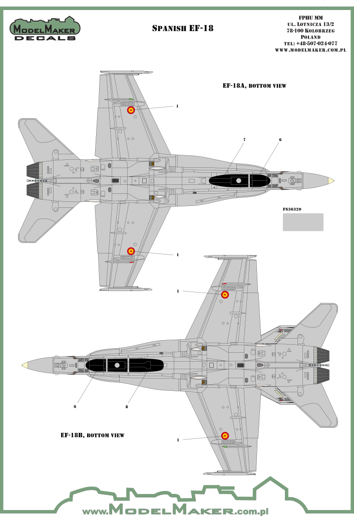 Instrucciones parte inferior del set de calcas para maquetas en escala 1:48 del caza español F/A-18 del fabricante ModelMaker Decals referencia D48089