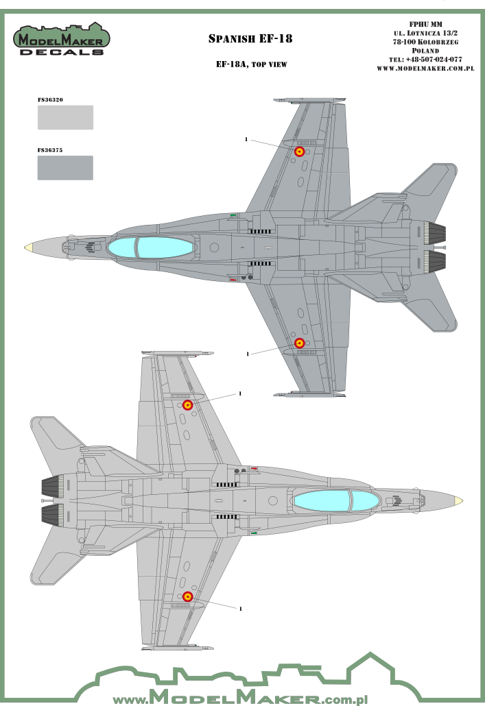 Instrucciones parte superior del set de calcas para maquetas en escala 1:48 del caza español F/A-18 del fabricante ModelMaker Decals referencia D48089