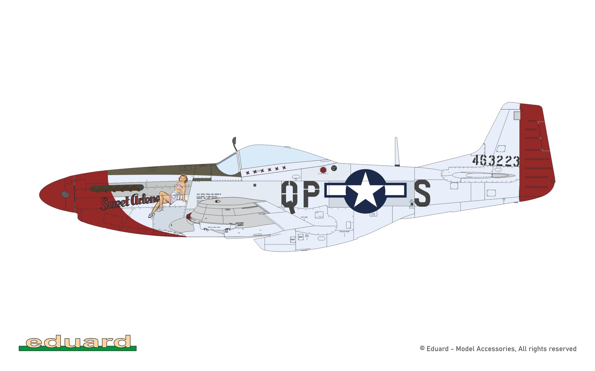Decoración 1 de la maqueta del caza P-51 Mustang en edición especial Mighty Eight 65th Fighter Group en escala 1:48 de Eduard referencia 11196