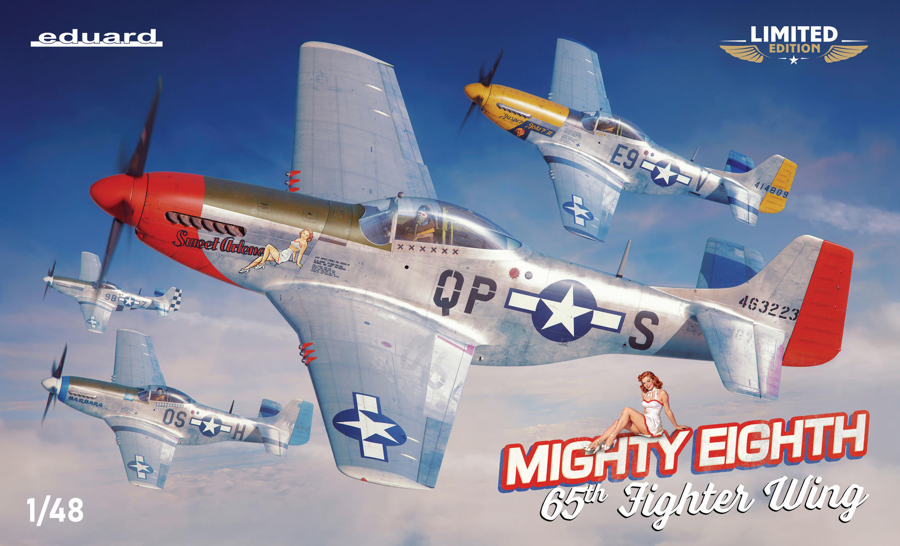 Portada de la caja de la maqueta del caza P-51 Mustang en edición especial Mighty Eight 65th Fighter Group en escala 1:48 de Eduard referencia 11196