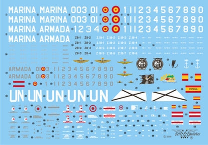 Detalle del set de calcas españolas para los helicópteros AB-204 y AB-212 en escala 1:48 del fabricante Series Españolas referencia 2748
