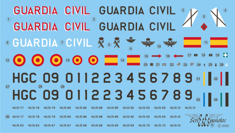 Detalle del set de calcas españolas para los helicópteros Bö-105 en escala 1:48 del fabricante Series Españolas referencia 3648