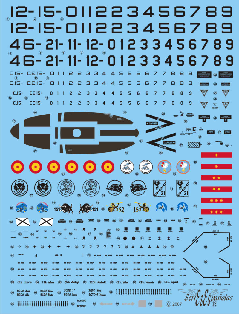 Detalle del set de calcas con insignias españolas para las maquetas del avión EF-18 A de todas las Alas del Ejército del Aire, en escala 1:48 de Series Españolas con referencia 1248