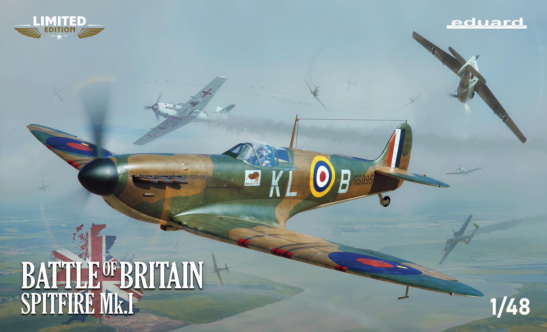 Portada de la caja de la maqueta del caza británico Spitfire Mk.I en escala 1:48 de Eduard edición Batalla de Inglaterra referencia 11197