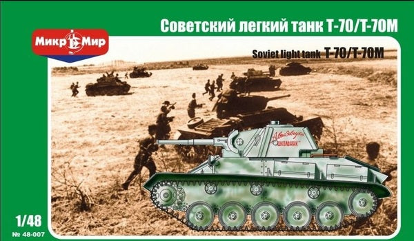 Portada de la caja de la maqueta del tanque ligero soviético T-70 en escala 1:48 de Mikromir referencia 48-007
