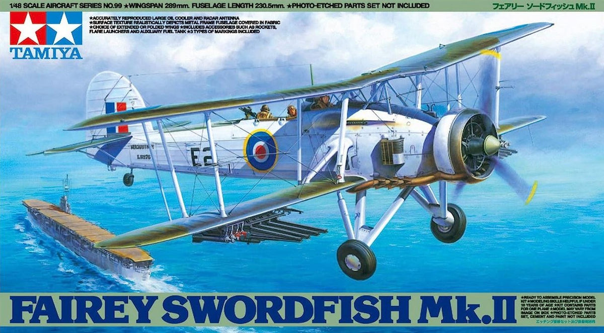 Portada de la caja de la maqueta del avión torperdero británico Fairey Swordfish Mk.II en escala 1:48 de Tamiya referencia 61099
