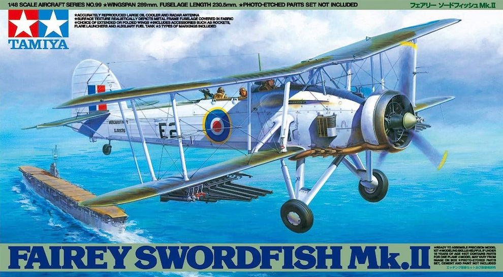 Portada de la caja de la maqueta del avión torperdero británico Fairey Swordfish Mk.II en escala 1:48 de Tamiya referencia 61099