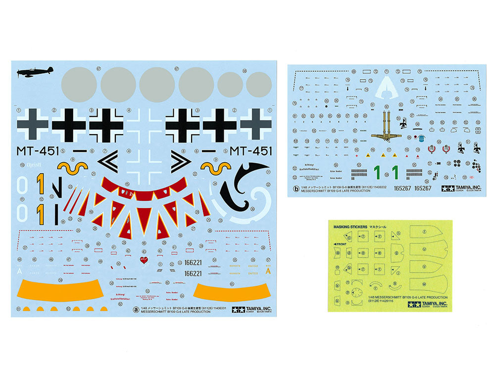 Calcas de la maqueta del caza alemán Messerschmitt BF109 G-6 de producción tardía en escala 1:48 de Tamiya referencia 61128