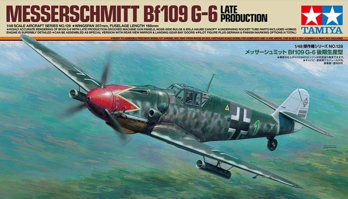 Portada de la caja de la maqueta del caza alemán Messerschmitt BF109 G-6 de producción tardía en escala 1:48 de Tamiya referencia 61128