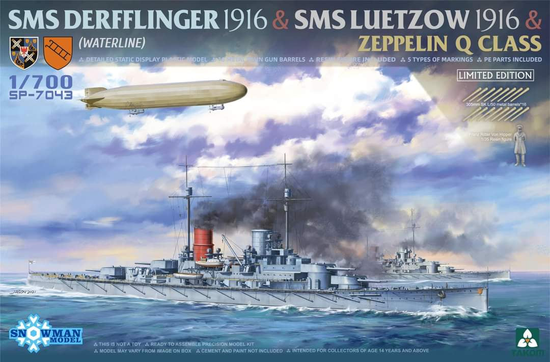 Portada del conjunto de maquetas de curceros de batallas alemanes de la Primer Guerra Mundial Lutzow y erfflinger y un Zeppelin en escala 1:700 de Takom referencia 7043