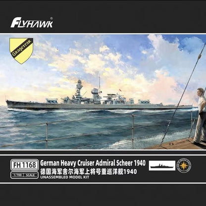 Portada de la caja de la maqueta del crucero pesado alemán Admiral Scheer en 1940 y en escala 1:700 del fabricante Flyhwak referencia 1168