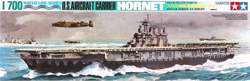 Portada de la caja de la maqueta del portaviones norteamericano US Hornet en escala 1:700 de Tamiya referencia 77510