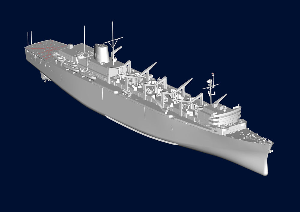 Foto lateral derecha de la maqueta del buque de apoyo rápido norteamericano USS Sacramento en escala 1:700 de Trumpeter referencia 05785