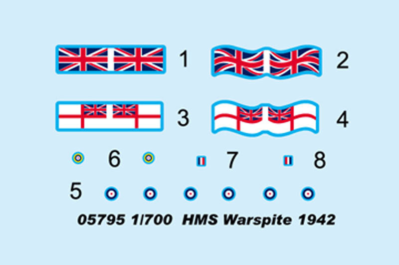 Calcas de la maqueta del acorazado británico HMS Warspite en 1942 en escala 1:700 de Trumpeter referencia 05795
