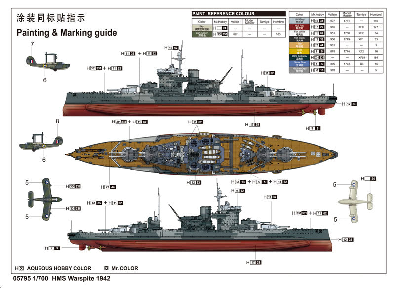Decoraciones de la maqueta del acorazado británico HMS Warspite en 1942 en escala 1:700 de Trumpeter referencia 05795
