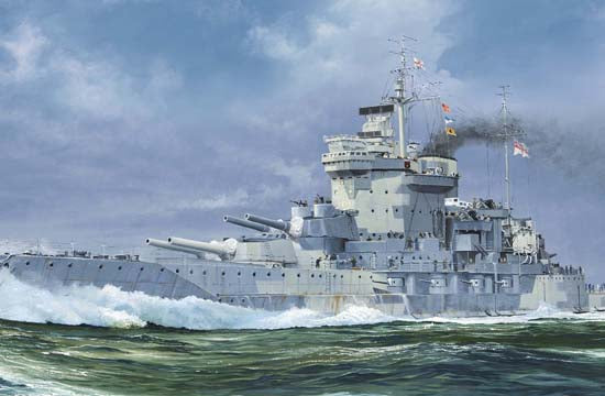 Foto de la portada de la caja de la maqueta del acorazado británico HMS Warspite en 1942 en escala 1:700 de Trumpeter referencia 05795