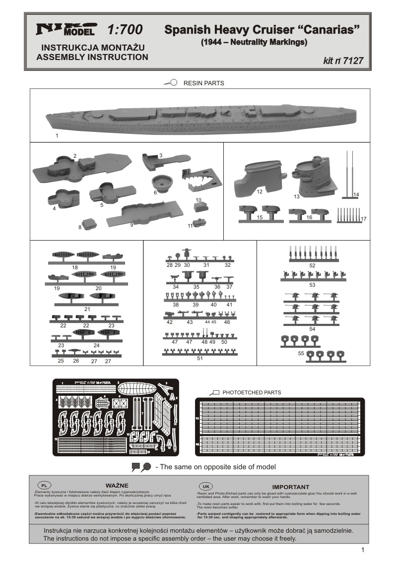 Instrucciones 1 de la maqueta del crucero español Canarias en escala 1:700 de Niko Model referencia 7127