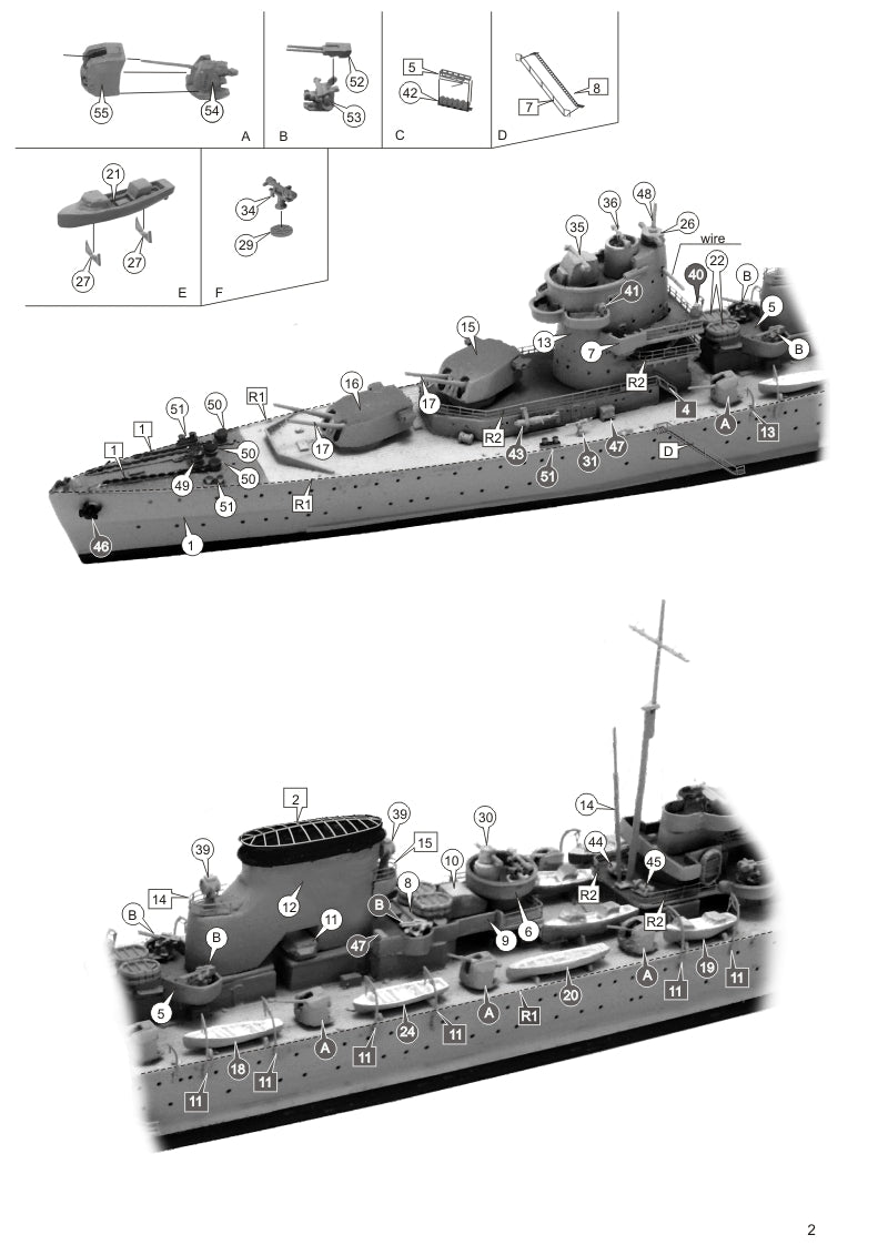 Instrucciones 2 de la maqueta del crucero español Canarias en escala 1:700 de Niko Model referencia 7127