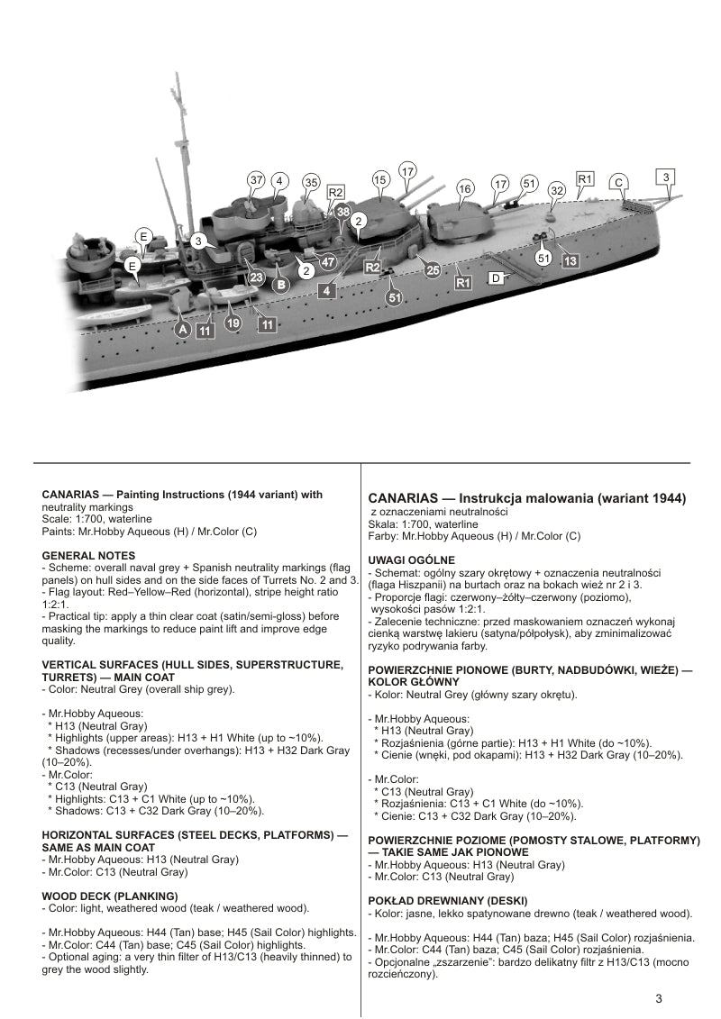 Instrucciones 3 de la maqueta del crucero español Canarias en escala 1:700 de Niko Model referencia 7127