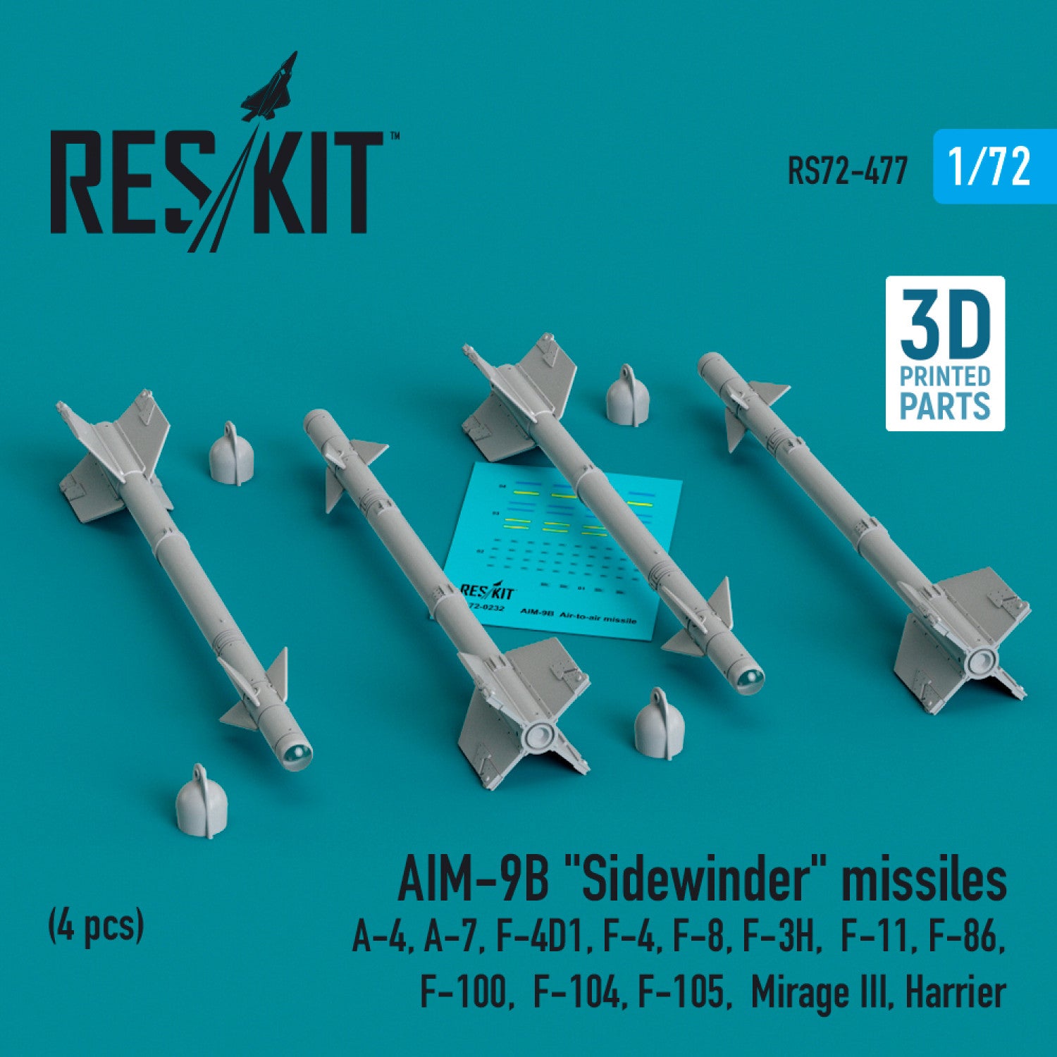 Set de 4 misiles aire/aire AIM-9B Sidewinder en escala 1:72 de Reskit referencia RS72-0477