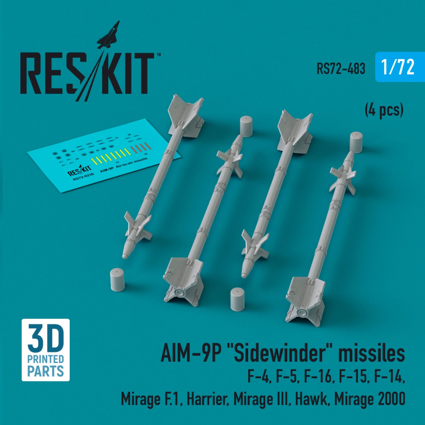Set de 4 misiles aireaire AIM-9P Sidewinder en escala 1:72 de Reskit referencia RS72-0483