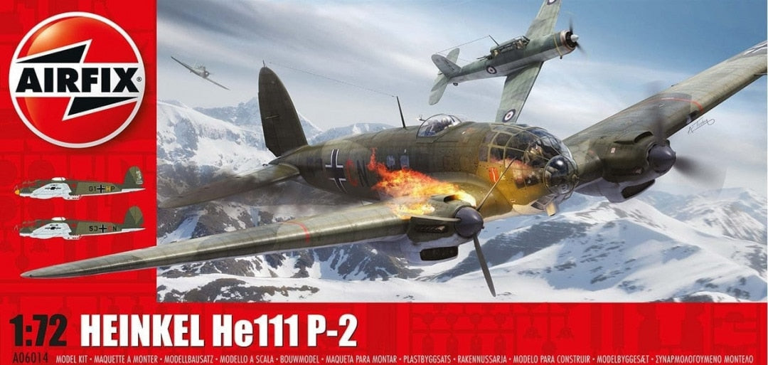 Portada de la caja de la maqueta del bombardero alemán He-111 P-2 en escala 1:72 de Airfix referencia A06014