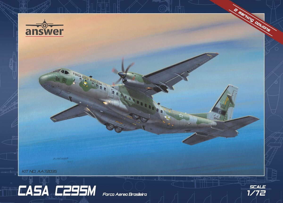 Portada de la caja del avión de transporte Casa C205M de la Fuerza Aérea Brisileña en escala 1:72 de Answer referencia 72'35
