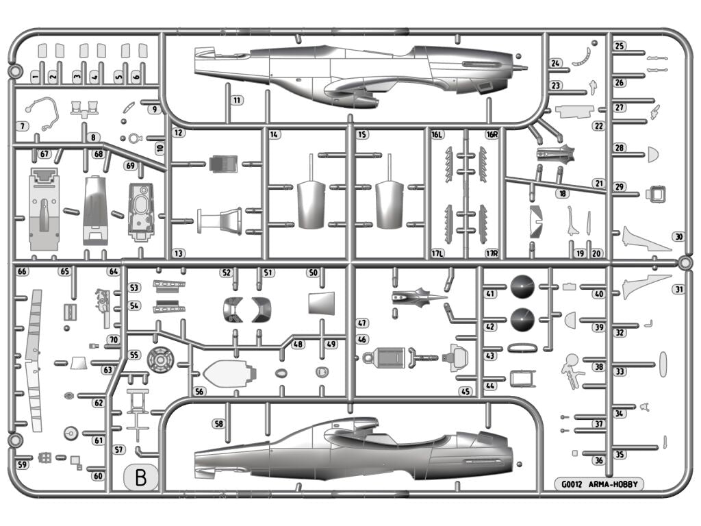 Piezas 1 de la maqueta del caza P-51D en escala 1:72 de Arma Hobby referencia 70073