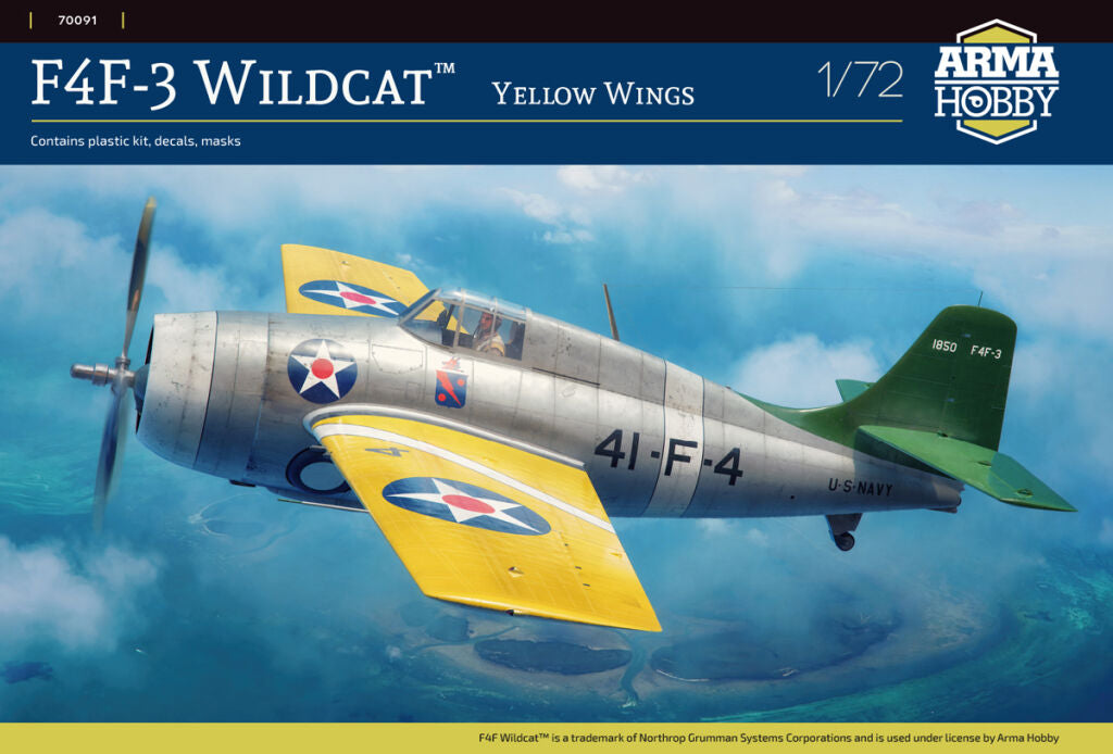 Portada de la caja de la maqueta del caza norteamericano Grumman F4F-3 Wildcat en escala 1:72 de Arma Hobby referencia 70091