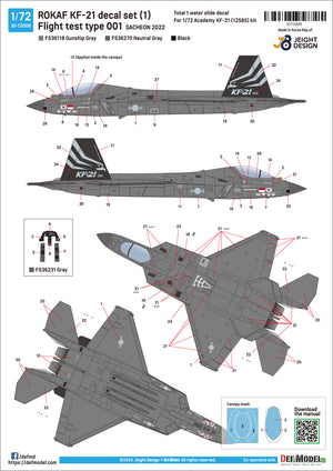 Decoraciones del set de calcas para caza Surcoreano KF-21 en su primer test en escala 1:72 de Def Model referencia JD-72009