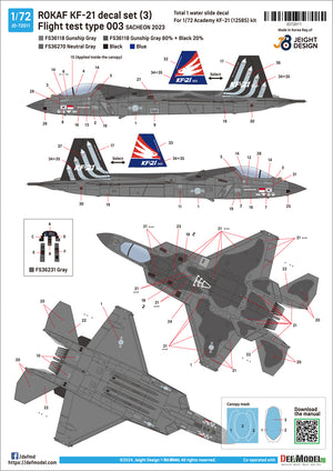 Decoraciones del set de calcas para caza Surcoreano KF-21 en su tercer test en escala 1:72 de Def Model referencia JD-72011