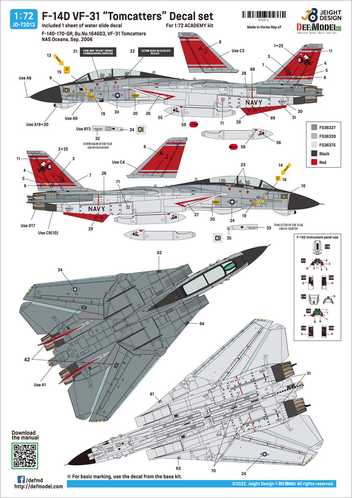 Decoración 1 del set de calcas para caza embarcado F-14A del escuadrón Tomcatters en escala 1:72 de Def Model referencia JD-72013