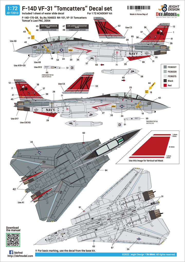 Decoración 2 del set de calcas para caza embarcado F-14A del escuadrón Tomcatters en escala 1:72 de Def Model referencia JD-72013