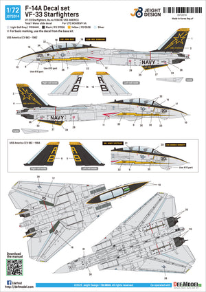 Instrucciones del set de calcas para caza embarcado F-14A del escuadrón Starfighters en escala 1:72 de Def Model referencia JD-72014
