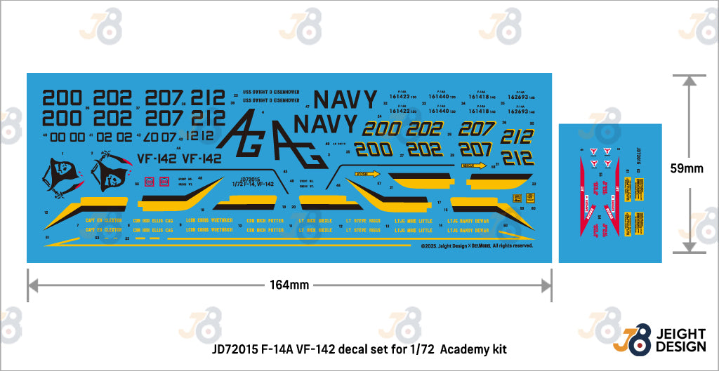 Calcas del set de calcas para caza embarcado F-14A del escuadrón Ghostriders en escala 1:72 de Def Model referencia JD-72015