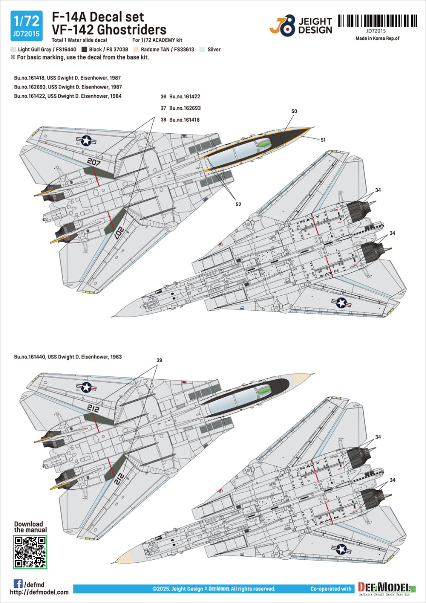 Instrucciones del set de calcas para caza embarcado F-14A del escuadrón Ghostriders en escala 1:72 de Def Model referencia JD-72015