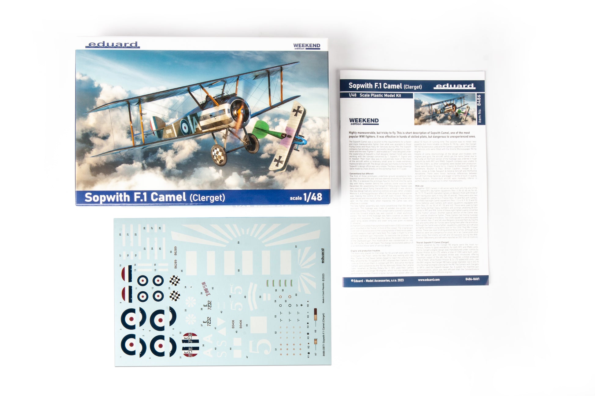Contenido de la caja de la maqueta del caza británico Sopwith Camel F.1 motor Clerget en escala 1:48 de Eduard edición Weekend referencia 8486