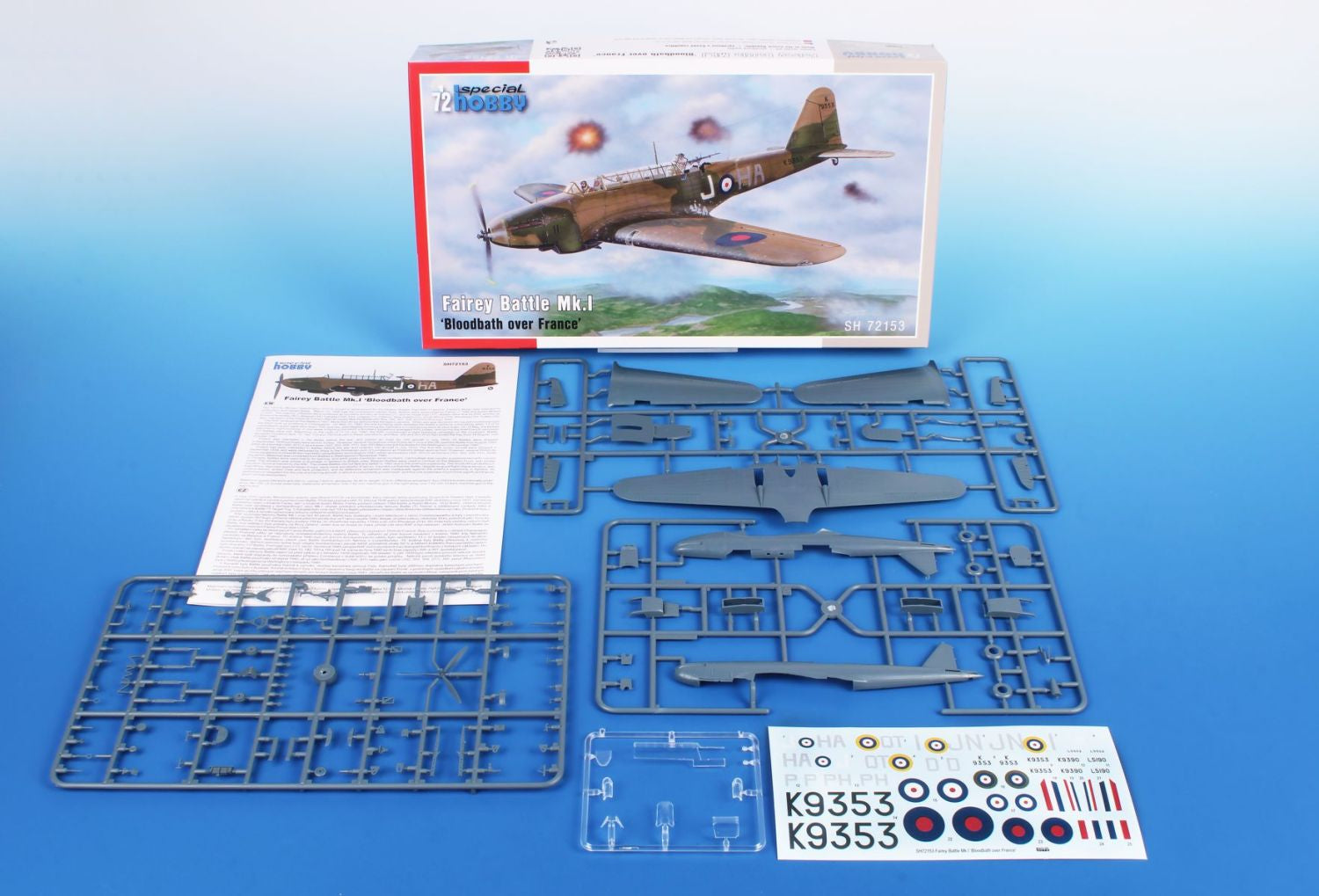 Contenido de la caja de la maqueta del bombardero táctico británico Fairey Battle Mk.I en escala 1:72 de Special Hobby referencia 72153