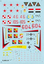 Juego de calcas con 5 nacionalidades diferentes para caza Mig-29 Fulcrum en escala 1:72 de HI Decal Line referencia 72005