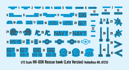 Calcas de la maqueta del helicóptero norteamericano de rescate HH-60H Rescue Hawk versión final en escala 1:72 de Hobby Boss referencia 87233