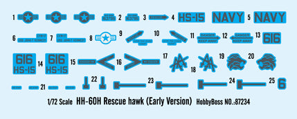 Calcas de la maqueta del helicóptero norteamericano de rescate HH-60H Rescue Hawk versión inicial en escala 1:72 de Hobby Boss referencia 87234